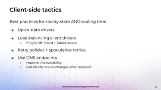 Database Scaling Strategies Masterclass
Client-side tactics
Best practices for steady-state AND scaling time
■ Up-to-date drivers
■ Load-balancing client drivers
● If ScyllaDB: Shard + Tablet-aware
■ Retry policies + speculative retries
■ Use DNS endpoints
● Improve discoverability
● Curtails client-side changes after replaced
23
 