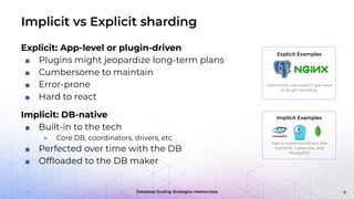 Database Scaling Strategies Masterclass
Implicit vs Explicit sharding
Explicit: App-level or plugin-driven
■ Plugins might jeopardize long-term plans
■ Cumbersome to maintain
■ Error-prone
■ Hard to react
Implicit: DB-native
■ Built-in to the tech
● Core DB, coordinators, drivers, etc
■ Perfected over time with the DB
■ Ofﬂoaded to the DB maker
9
Explicit Examples
Commonly uses explicit app-level
or plugin sharding.
Implicit Examples
Native implementations like
ScyllaDB, Cassandra, and
MongoDB.
 
