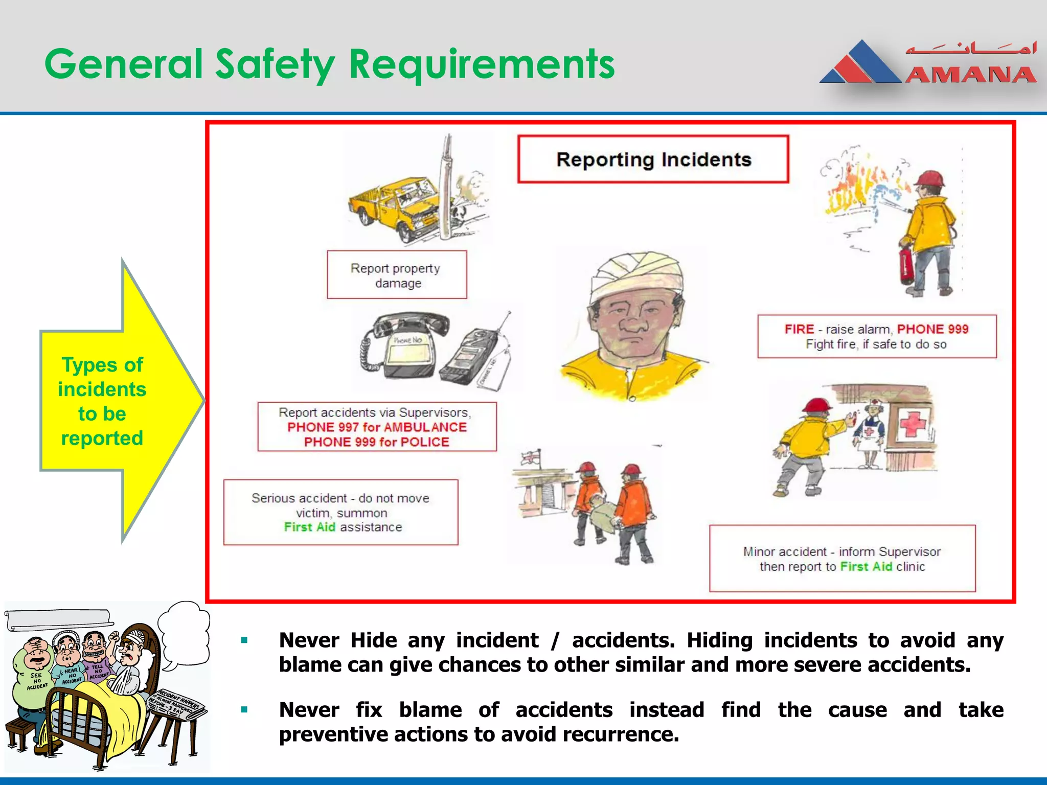 General Safety Requirements
 Never Hide any incident / accidents. Hiding incidents to avoid any
blame can give chances to other similar and more severe accidents.
 Never fix blame of accidents instead find the cause and take
preventive actions to avoid recurrence.
Types of
incidents
to be
reported
 