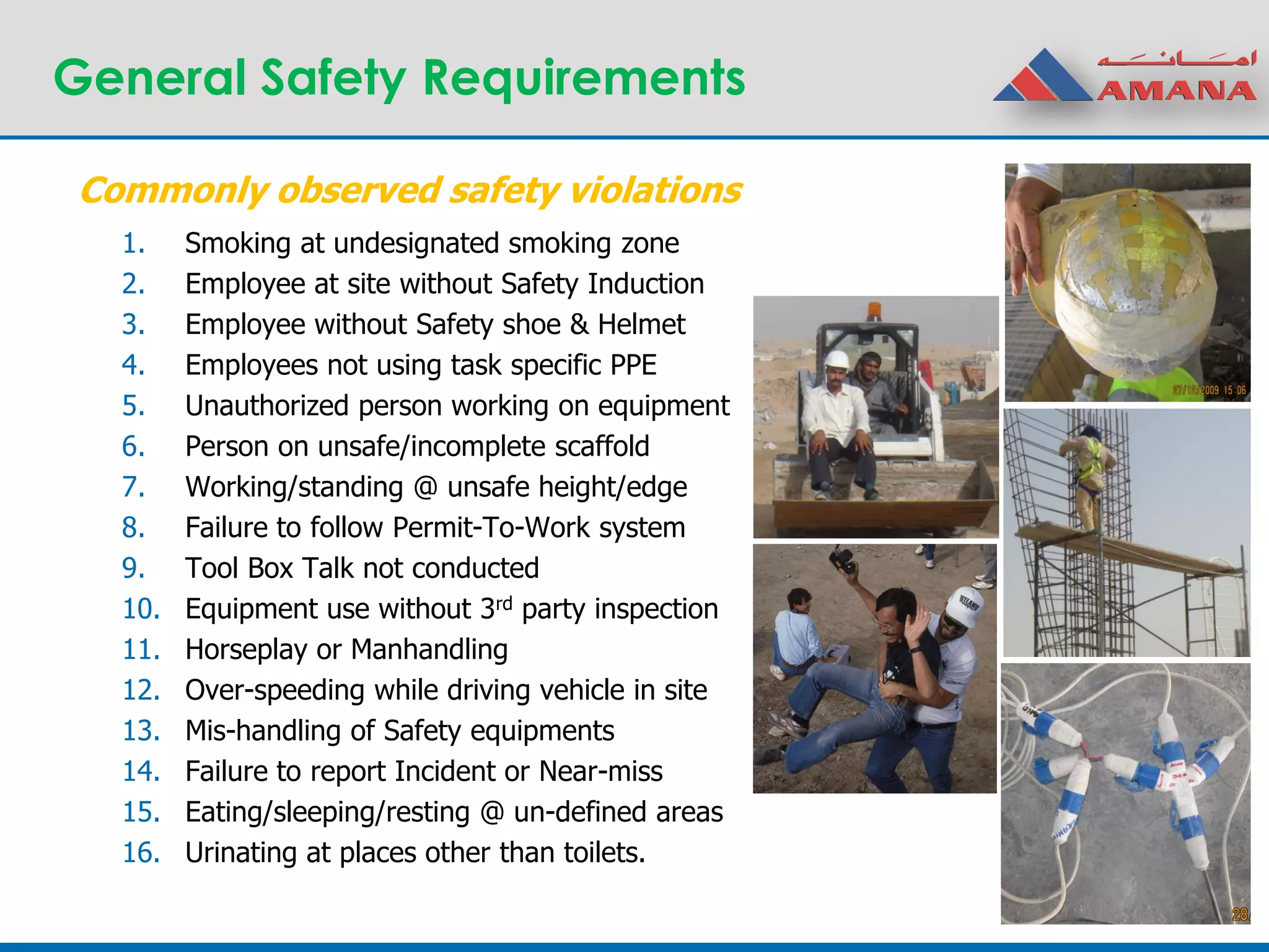General Safety Requirements
1. Smoking at undesignated smoking zone
2. Employee at site without Safety Induction
3. Employee without Safety shoe & Helmet
4. Employees not using task specific PPE
5. Unauthorized person working on equipment
6. Person on unsafe/incomplete scaffold
7. Working/standing @ unsafe height/edge
8. Failure to follow Permit-To-Work system
9. Tool Box Talk not conducted
10. Equipment use without 3rd party inspection
11. Horseplay or Manhandling
12. Over-speeding while driving vehicle in site
13. Mis-handling of Safety equipments
14. Failure to report Incident or Near-miss
15. Eating/sleeping/resting @ un-defined areas
16. Urinating at places other than toilets.
Commonly observed safety violations
 