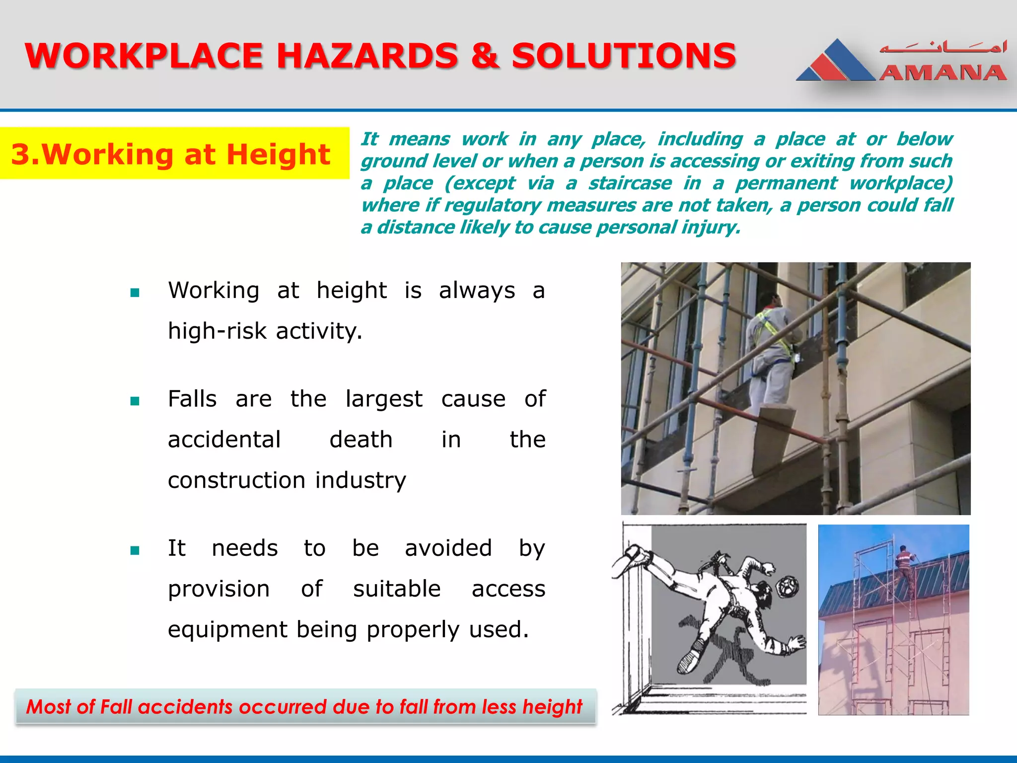 3.Working at Height
 Working at height is always a
high-risk activity.
 Falls are the largest cause of
accidental death in the
construction industry
 It needs to be avoided by
provision of suitable access
equipment being properly used.
WORKPLACE HAZARDS & SOLUTIONS
It means work in any place, including a place at or below
ground level or when a person is accessing or exiting from such
a place (except via a staircase in a permanent workplace)
where if regulatory measures are not taken, a person could fall
a distance likely to cause personal injury.
Most of Fall accidents occurred due to fall from less height
 