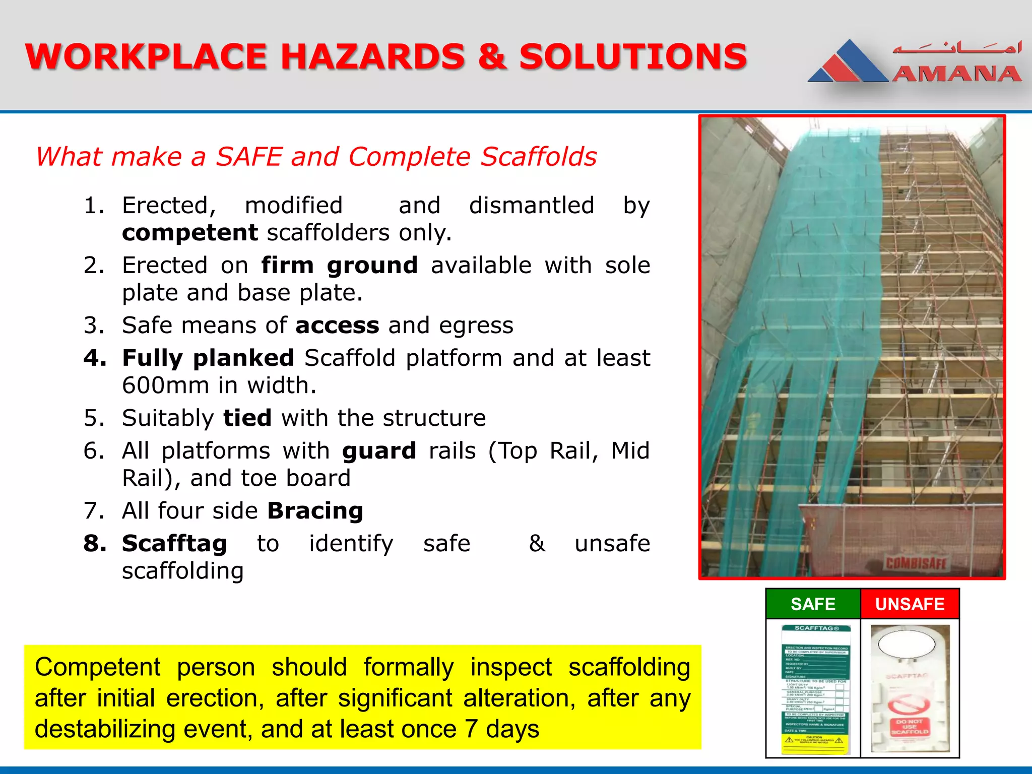 1. Erected, modified and dismantled by
competent scaffolders only.
2. Erected on firm ground available with sole
plate and base plate.
3. Safe means of access and egress
4. Fully planked Scaffold platform and at least
600mm in width.
5. Suitably tied with the structure
6. All platforms with guard rails (Top Rail, Mid
Rail), and toe board
7. All four side Bracing
8. Scafftag to identify safe & unsafe
scaffolding
Competent person should formally inspect scaffolding
after initial erection, after significant alteration, after any
destabilizing event, and at least once 7 days
SAFE UNSAFE
WORKPLACE HAZARDS & SOLUTIONS
What make a SAFE and Complete Scaffolds
 