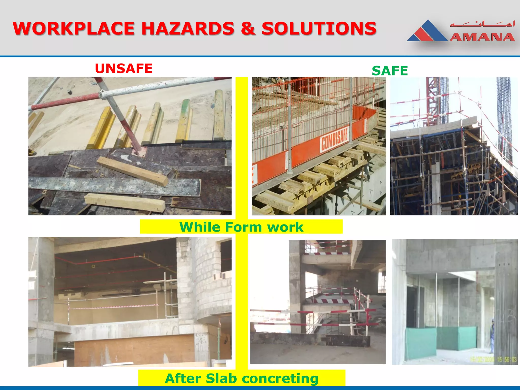 WORKPLACE HAZARDS & SOLUTIONS
UNSAFE SAFE
While Form work
After Slab concreting
 