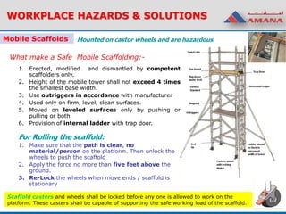 Mounted on castor wheels and are hazardous.
1. Erected, modified and dismantled by competent
scaffolders only.
2. Height of the mobile tower shall not exceed 4 times
the smallest base width.
3. Use outriggers in accordance with manufacturer
4. Used only on firm, level, clean surfaces.
5. Moved on leveled surfaces only by pushing or
pulling or both.
6. Provision of internal ladder with trap door.
For Rolling the scaffold:
1. Make sure that the path is clear, no
material/person on the platform. Then unlock the
wheels to push the scaffold
2. Apply the force no more than five feet above the
ground.
3. Re-Lock the wheels when move ends / scaffold is
stationary
What make a Safe Mobile Scaffolding:-
Scaffold casters and wheels shall be locked before any one is allowed to work on the
platform. These casters shall be capable of supporting the safe working load of the scaffold.
WORKPLACE HAZARDS & SOLUTIONS
Mobile Scaffolds
 