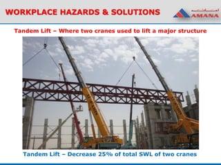 Tandem Lift – Where two cranes used to lift a major structure
WORKPLACE HAZARDS & SOLUTIONS
Tandem Lift – Decrease 25% of total SWL of two cranes
 
