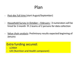 Plan
- Post-doc full time (start August/September)
- Household Survey in October – February : 3 numerators will be
hired for 3 month  2 teams of 2 persons for data collection
- Value chain analysis: Preliminary results expected beginning of
January
Extra funding secured:
- LCIRAH
- ILRI (Nutrition and Health component)
 