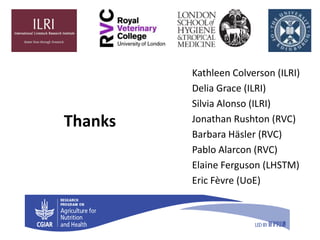Thanks
Kathleen Colverson (ILRI)
Delia Grace (ILRI)
Silvia Alonso (ILRI)
Jonathan Rushton (RVC)
Barbara Häsler (RVC)
Pablo Alarcon (RVC)
Elaine Ferguson (LHSTM)
Eric Fèvre (UoE)
 