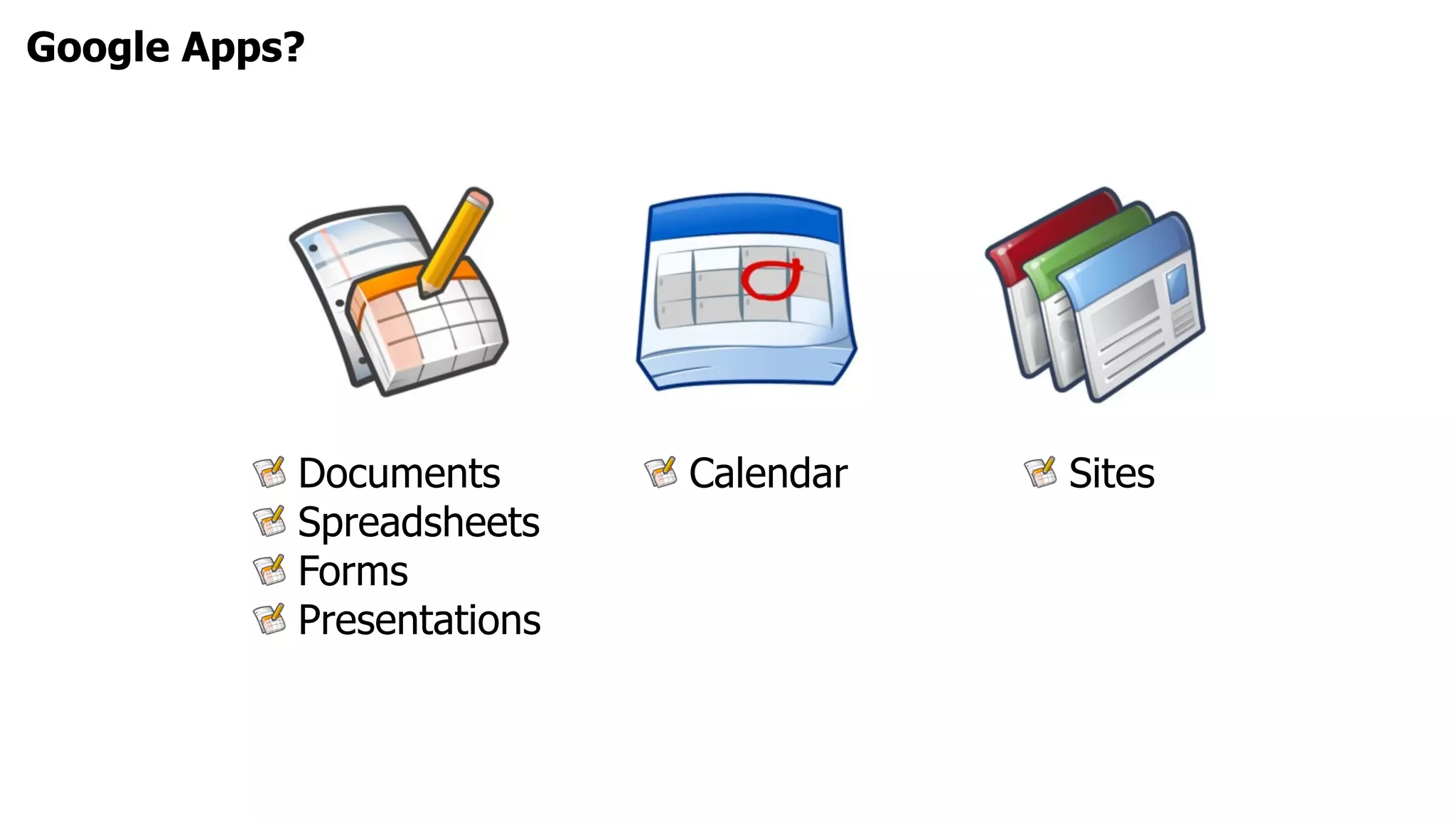 Google Apps?




           Documents       Calendar   Sites
           Spreadsheets
           Forms
           Presentations
 