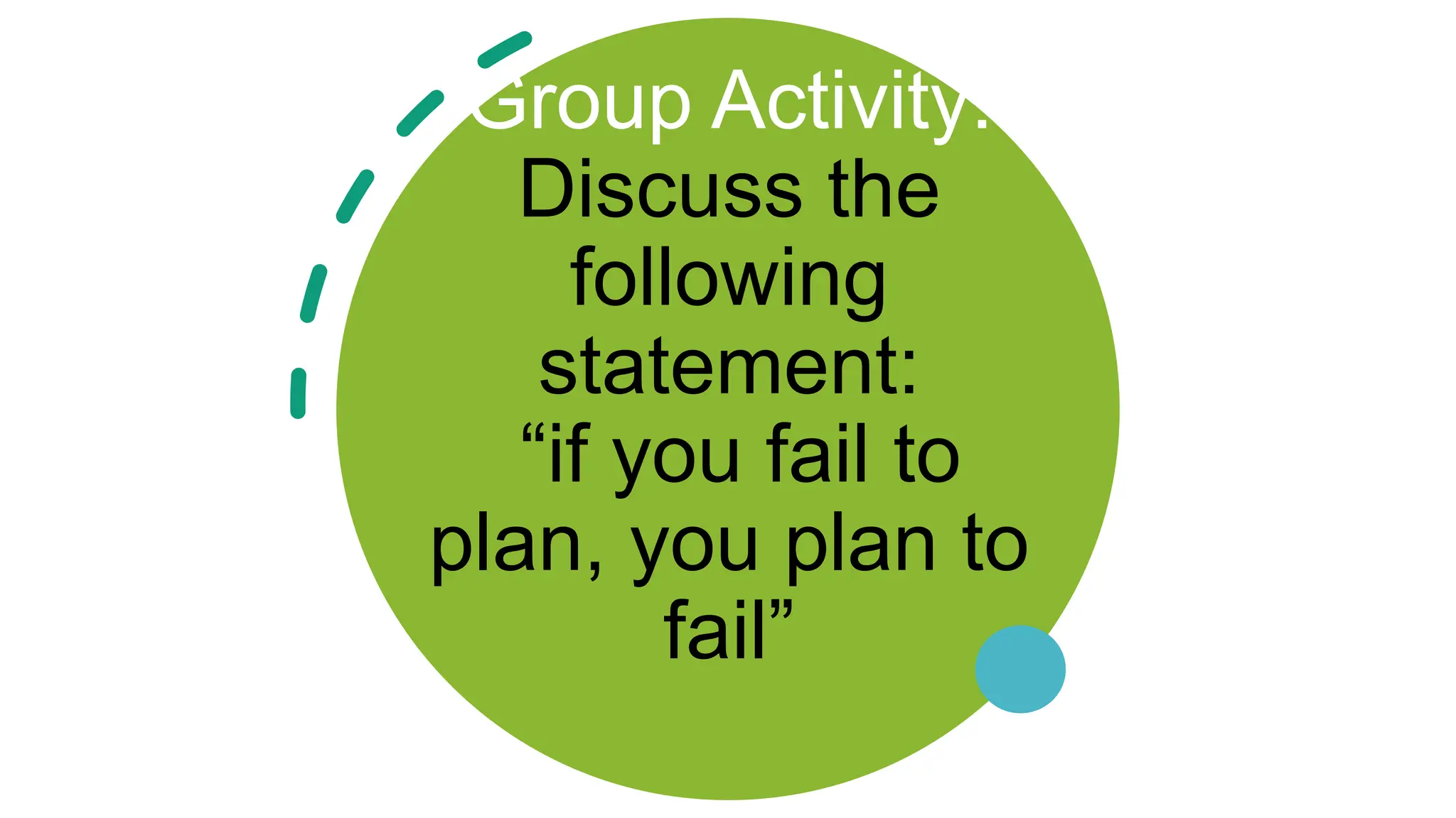 Group Activity:
Discuss the
following
statement:
“if you fail to
plan, you plan to
fail”
 