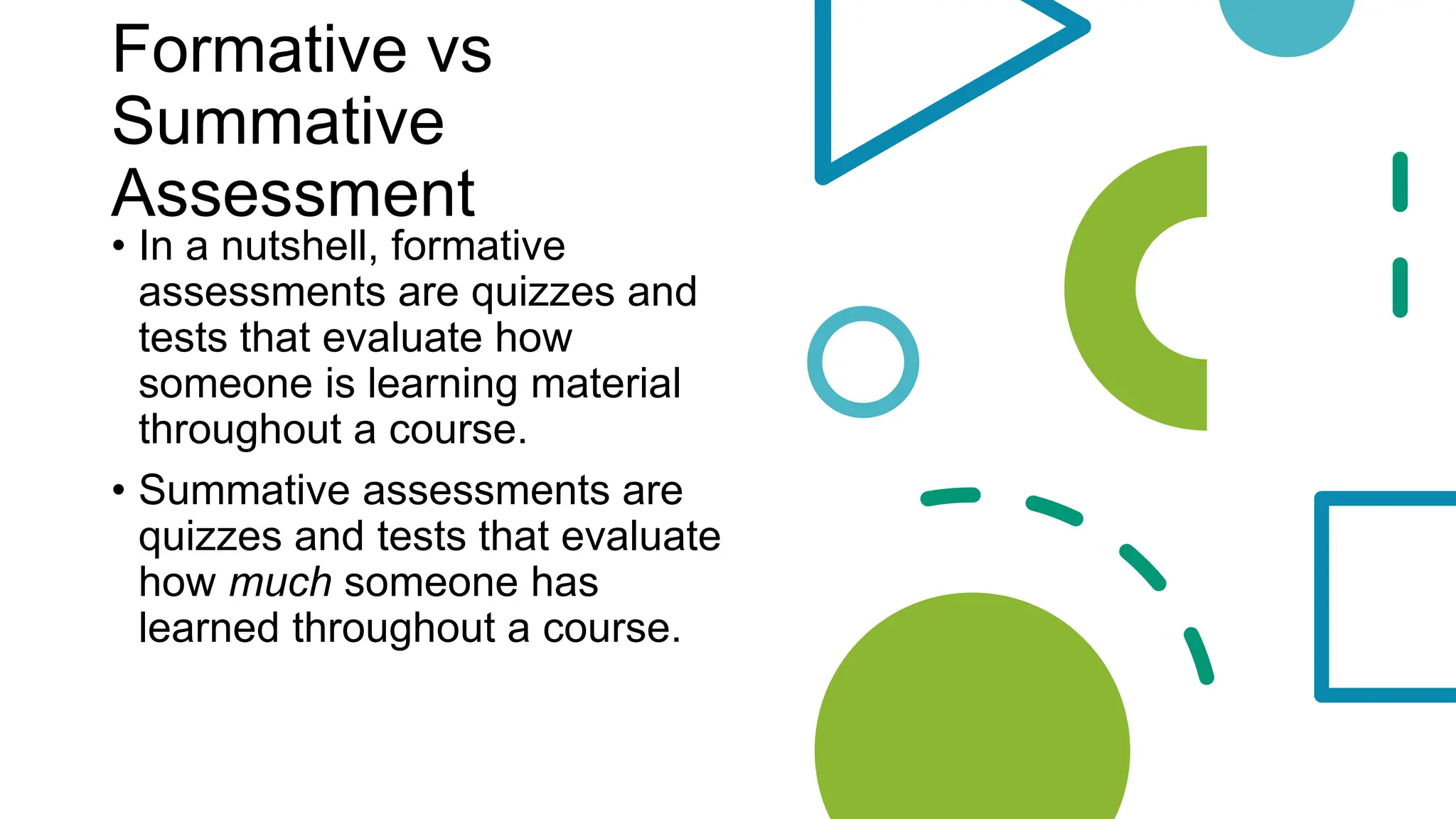 Formative vs
Summative
Assessment
• In a nutshell, formative
assessments are quizzes and
tests that evaluate how
someone is learning material
throughout a course.
• Summative assessments are
quizzes and tests that evaluate
how much someone has
learned throughout a course.
 