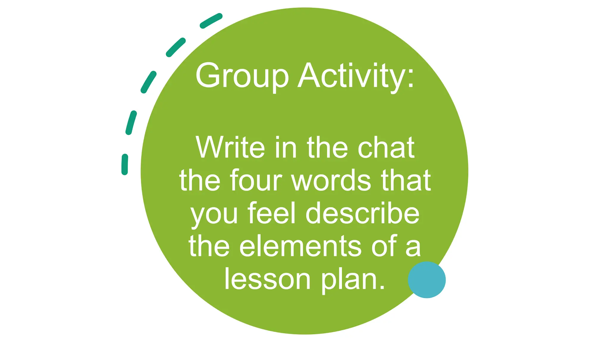 Group Activity:
Write in the chat
the four words that
you feel describe
the elements of a
lesson plan.
 