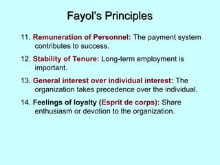 Fayol’s Principles
11. Remuneration of Personnel: The payment system
contributes to success.
12. Stability of Tenure: Long-term employment is
important.
13. General interest over individual interest: The
organization takes precedence over the individual.
14. Feelings of loyalty (Esprit de corps): Share
enthusiasm or devotion to the organization.
 