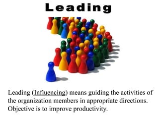 Leading (Influencing) means guiding the activities of
the organization members in appropriate directions.
Objective is to improve productivity.
 