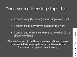 The elimination of the three main restrictions on most commercial ‘shrinkwrap licensed’ software is the foundation of open source licensing Open source licensing stops this.. I cannot copy the work (beyond single own use) I cannot make derivatives based on the work I cannot authorise anyone else to do either of the above two things kenchad consulting 