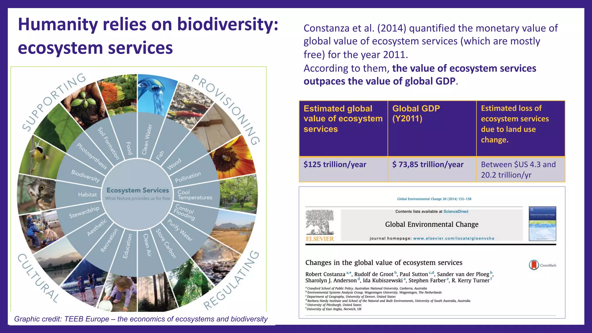 Humanity relies on biodiversity:
ecosystem services
12
Constanza et al. (2014) quantified the monetary value of
global value of ecosystem services (which are mostly
free) for the year 2011.
According to them, the value of ecosystem services
outpaces the value of global GDP.
Graphic credit: TEEB Europe – the economics of ecosystems and biodiversity
Estimated global
value of ecosystem
services
Global GDP
(Y2011)
Estimated loss of
ecosystem services
due to land use
change.
$125 trillion/year $ 73,85 trillion/year Between $US 4.3 and
20.2 trillion/yr
 