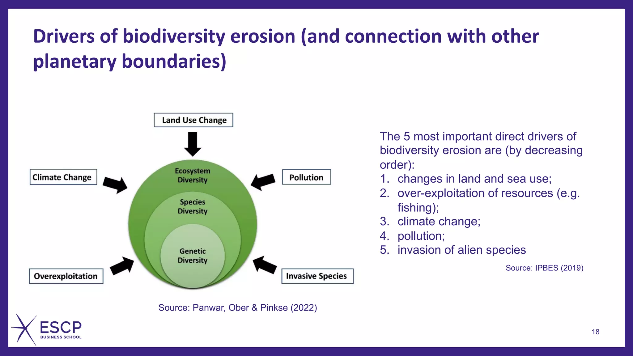 Drivers of biodiversity erosion (and connection with other
planetary boundaries)
18
The 5 most important direct drivers of
biodiversity erosion are (by decreasing
order):
1. changes in land and sea use;
2. over-exploitation of resources (e.g.
fishing);
3. climate change;
4. pollution;
5. invasion of alien species
Source: IPBES (2019)
Source: Panwar, Ober & Pinkse (2022)
 