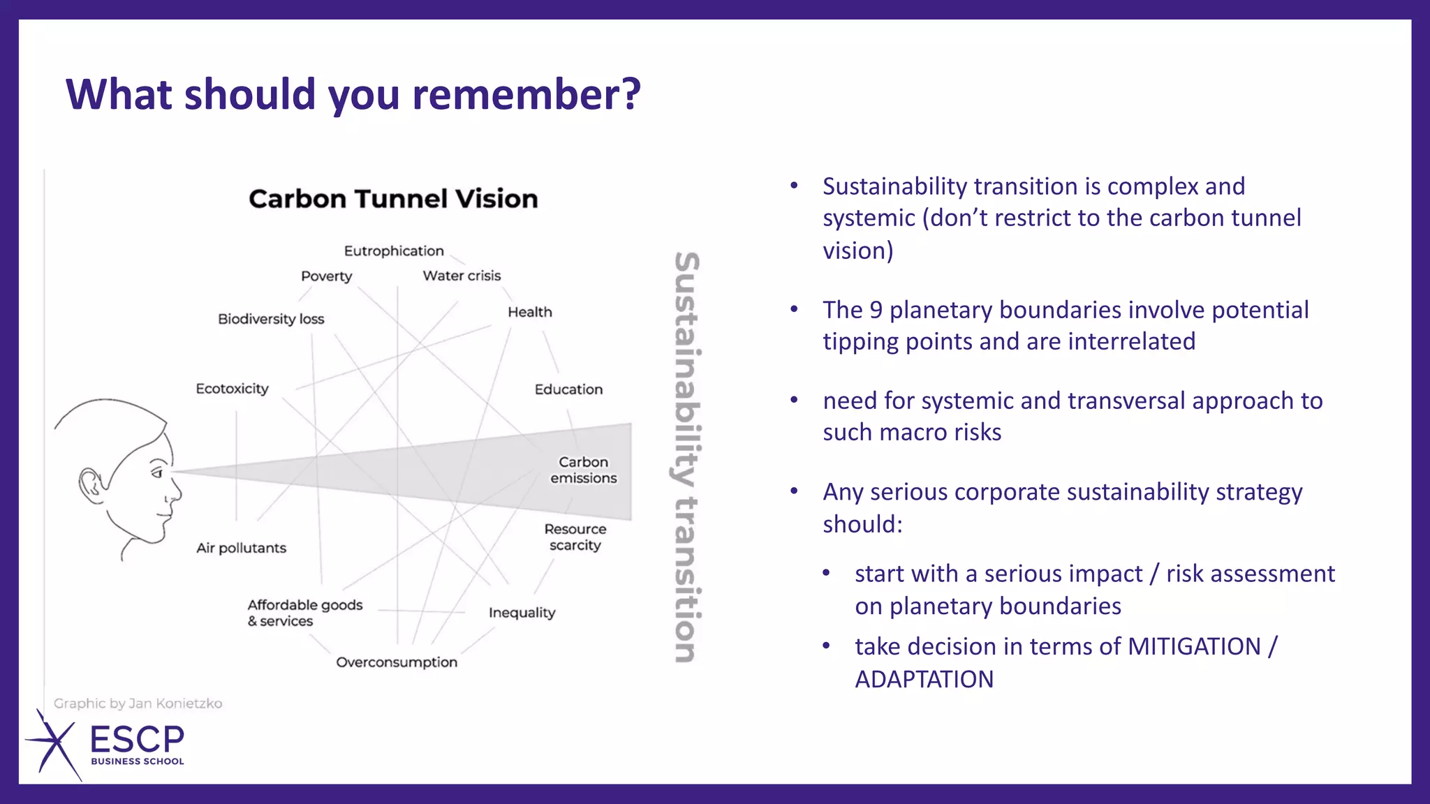 What should you remember?
• Sustainability transition is complex and
systemic (don’t restrict to the carbon tunnel
vision)
• The 9 planetary boundaries involve potential
tipping points and are interrelated
• need for systemic and transversal approach to
such macro risks
• Any serious corporate sustainability strategy
should:
• start with a serious impact / risk assessment
on planetary boundaries
• take decision in terms of MITIGATION /
ADAPTATION
 