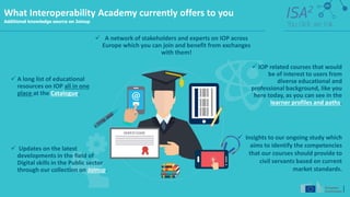 What Interoperability Academy currently offers to you
Additional knowledge source on Joinup
✓ A long list of educational
r...