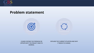 Problem statement
CLEARLY DEFINES THE PROBLEM OR
OPPORTUNITY THE PROJECT AIMS TO
ADDRESS.
EXPLAINS THE CURRENT SITUATION AND WHY
IT NEEDS TO CHANGE.
 