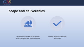 Scope and deliverables
DETAILS THE BOUNDARIES OF THE PROJECT,
WHAT IS INCLUDED, AND WHAT IS EXCLUDED.
LISTS THE KEY DELIVERABLES AND
MILESTONES.
 