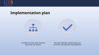 Implementation plan
OUTLINES THE HIGH-LEVEL PLAN FOR
EXECUTING THE PROJECT.
INCLUDES TIMELINES, MAJOR PHASES, KEY
ACTIVITIES, AND RESOURCE REQUIREMENTS.
 