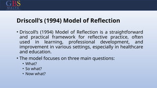 Driscoll’s (1994) Model of Reflection
• Driscoll’s (1994) Model of Reflection is a straightforward
and practical framework for reflective practice, often
used in learning, professional development, and
improvement in various settings, especially in healthcare
and education.
• The model focuses on three main questions:
• What?
• So what?
• Now what?
 