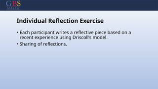Individual Reflection Exercise
• Each participant writes a reflective piece based on a
recent experience using Driscoll’s model.
• Sharing of reflections.
 