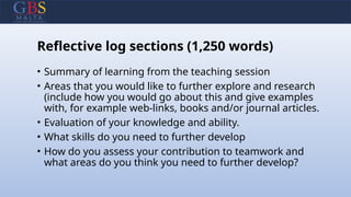 Reflective log sections (1,250 words)
• Summary of learning from the teaching session
• Areas that you would like to further explore and research
(include how you would go about this and give examples
with, for example web-links, books and/or journal articles.
• Evaluation of your knowledge and ability.
• What skills do you need to further develop
• How do you assess your contribution to teamwork and
what areas do you think you need to further develop?
 