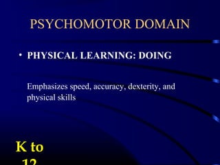 • PHYSICAL LEARNING: DOING
Emphasizes speed, accuracy, dexterity, and
physical skills
PSYCHOMOTOR DOMAIN
K toK to
 