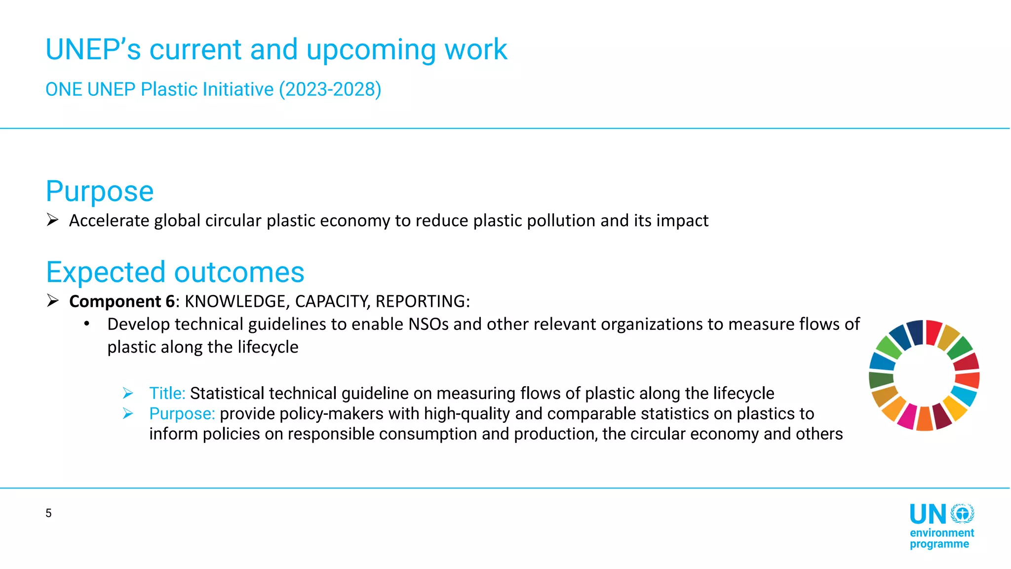 UNEP’s current and upcoming work
ONE UNEP Plastic Initiative (2023-2028)
Purpose
➢ Accelerate global circular plastic economy to reduce plastic pollution and its impact
Expected outcomes
➢ Component 6: KNOWLEDGE, CAPACITY, REPORTING:
• Develop technical guidelines to enable NSOs and other relevant organizations to measure flows of
plastic along the lifecycle
➢ Title: Statistical technical guideline on measuring flows of plastic along the lifecycle
➢ Purpose: provide policy-makers with high-quality and comparable statistics on plastics to
inform policies on responsible consumption and production, the circular economy and others
5
 
