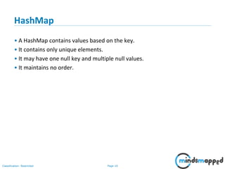 Page 10Classification: Restricted
HashMap
• A HashMap contains values based on the key.
• It contains only unique elements.
• It may have one null key and multiple null values.
• It maintains no order.
 