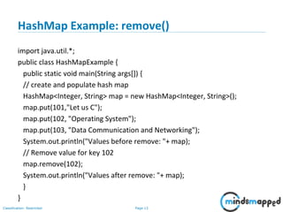 Page 13Classification: Restricted
HashMap Example: remove()
import java.util.*;
public class HashMapExample {
public static void main(String args[]) {
// create and populate hash map
HashMap<Integer, String> map = new HashMap<Integer, String>();
map.put(101,"Let us C");
map.put(102, "Operating System");
map.put(103, "Data Communication and Networking");
System.out.println("Values before remove: "+ map);
// Remove value for key 102
map.remove(102);
System.out.println("Values after remove: "+ map);
}
}
 