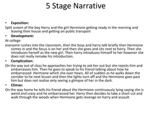 5 Stage Narrative
• Exposition:
Split screen of the boy Harry and the girl Hermione getting ready in the morning and
    leaving their house and getting on public transport
• Development:
At college
everyone rushes into the classroom, then the boys and harry talk briefly then Hermione
    comes in and the focus is on her and then she goes and sits next to harry. Then she
    introduces herself as the new girl. Then harry introduces himself to her however she
    does not really remake his introduction.
• Complication:
On the way out of class he approaches her trying to ask her out but she rejects him and
    embarrasses him. Then he goes to speak to his friend talking about how he
    embarrassed Hermione which she over hears. All of sudden as he walks down the
    corridor to he next lesson and then the lights turn off and the Hermione goes past
    him but does not realise only seeing a glimpse of her in the dark.
• Climax:
On the way home he tells his friend about the Hermione continuously lying saying she is
    weird and crazy and he embarrassed her. Harry then decides to take a short cut and
    walk through the woods when Hermione gets revenge on harry and assault.
 