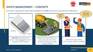 MODULE 7 32
UNIT 7.4 : SITE CLEAN UP
Concrete is required to create the foundation of a MMS Structure as we learned in Module 3.
WASTE MANAGEMENT – CONCRETE
Tell team to stop mixing
concrete when work is complete
Keep short travel distance to
carry concrete mix to the
location of footing, to avoid
drying & spilling
Calculate exact amount of
cement, sand, aggregate mixture
required for the footings
HEIGHT
LENGTH
WIDTH
Message
Received
Last
Batc
h
 