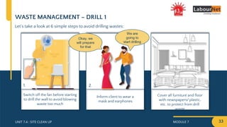 MODULE 7 33
UNIT 7.4 : SITE CLEAN UP
Cover all furniture and floor
with newspapers/ plastic,
etc. to protect from drill
waste
Inform client to wear a
mask and earphones
Switch off the fan before starting
to drill the wall to avoid blowing
waste too much
WASTE MANAGEMENT – DRILL 1
Let’s take a look at 6 simple steps to avoid drilling wastes:
We are
going to
start drilling
Okay, we
will prepare
for that
1. 2. 3.
 