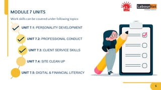 UNIT 7.1: PERSONALITY DEVELOPMENT
UNIT 7.2: PROFESSIONAL CONDUCT
UNIT 7.3: CLIENT SERVICE SKILLS
UNIT 7.4: SITE CLEAN UP
UNIT 7.5: DIGITAL & FINANCIAL LITERACY
MODULE 7 UNITS
6
Work skills can be covered under following topics:
 