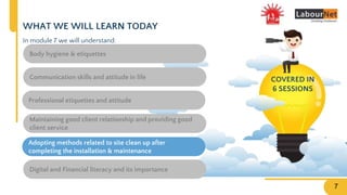 WHAT WE WILL LEARN TODAY
Body hygiene & etiquettes
Professional etiquettes and attitude
Communication skills and attitude in life
Maintaining good client relationship and providing good
client service
Adopting methods related to site clean up after
completing the installation & maintenance
COVERED IN
6 SESSIONS
In module 7 we will understand:
Digital and Financial literacy and its importance
7
 