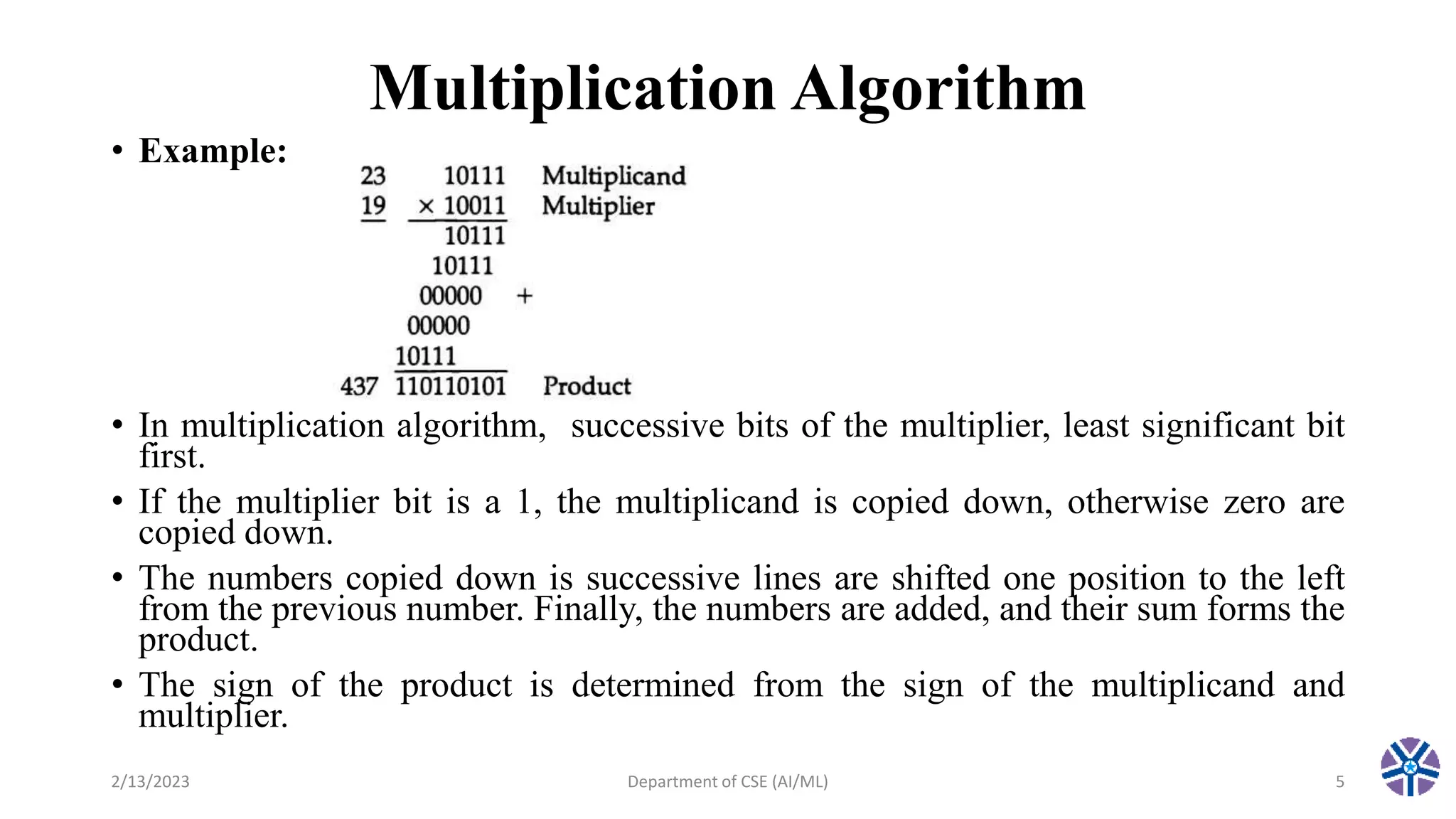 Multiplication Algorithm
• Example:
• In multiplication algorithm, successive bits of the multiplier, least significant bit
first.
• If the multiplier bit is a 1, the multiplicand is copied down, otherwise zero are
copied down.
• The numbers copied down is successive lines are shifted one position to the left
from the previous number. Finally, the numbers are added, and their sum forms the
product.
• The sign of the product is determined from the sign of the multiplicand and
multiplier.
2/13/2023 Department of CSE (AI/ML) 5
 