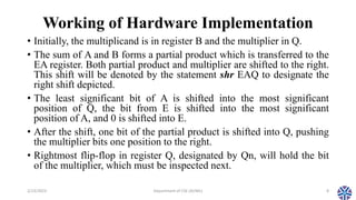 Working of Hardware Implementation
• Initially, the multiplicand is in register B and the multiplier in Q.
• The sum of A and B forms a partial product which is transferred to the
EA register. Both partial product and multiplier are shifted to the right.
This shift will be denoted by the statement shr EAQ to designate the
right shift depicted.
• The least significant bit of A is shifted into the most significant
position of Q, the bit from E is shifted into the most significant
position of A, and 0 is shifted into E.
• After the shift, one bit of the partial product is shifted into Q, pushing
the multiplier bits one position to the right.
• Rightmost flip-flop in register Q, designated by Qn, will hold the bit
of the multiplier, which must be inspected next.
2/13/2023 Department of CSE (AI/ML) 8
 
