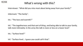 What’s wrong with this?
Interviewer: “What did you miss most about being away from your family?”
Informant: “The family”.
Int.: “The love and warmth?”
Inf.: “The togetherness and that sort of thing, and being able to talk to your family,
talk more intimately. In the army the talk is more or less on a lower level”.
Int.: “Surface level?”
Inf.: “Surface level… I guess you could call it that”.
 