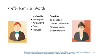Guffey/Loewy, Business Communication: Process and Product, 9th
Edition. © 2018 Cengage. All Rights Reserved. May not
be scanned, copied or duplicated, or posted to a publicly accessible website, in whole or in part.
29
Prefer Familiar Words
• Unfamiliar
• Interrogate
• Ambivalent
• Dour
• Prowess
• Familiar
• To question
• Unsure, uncertain
• Gloomy, sullen
• Superior ability
 