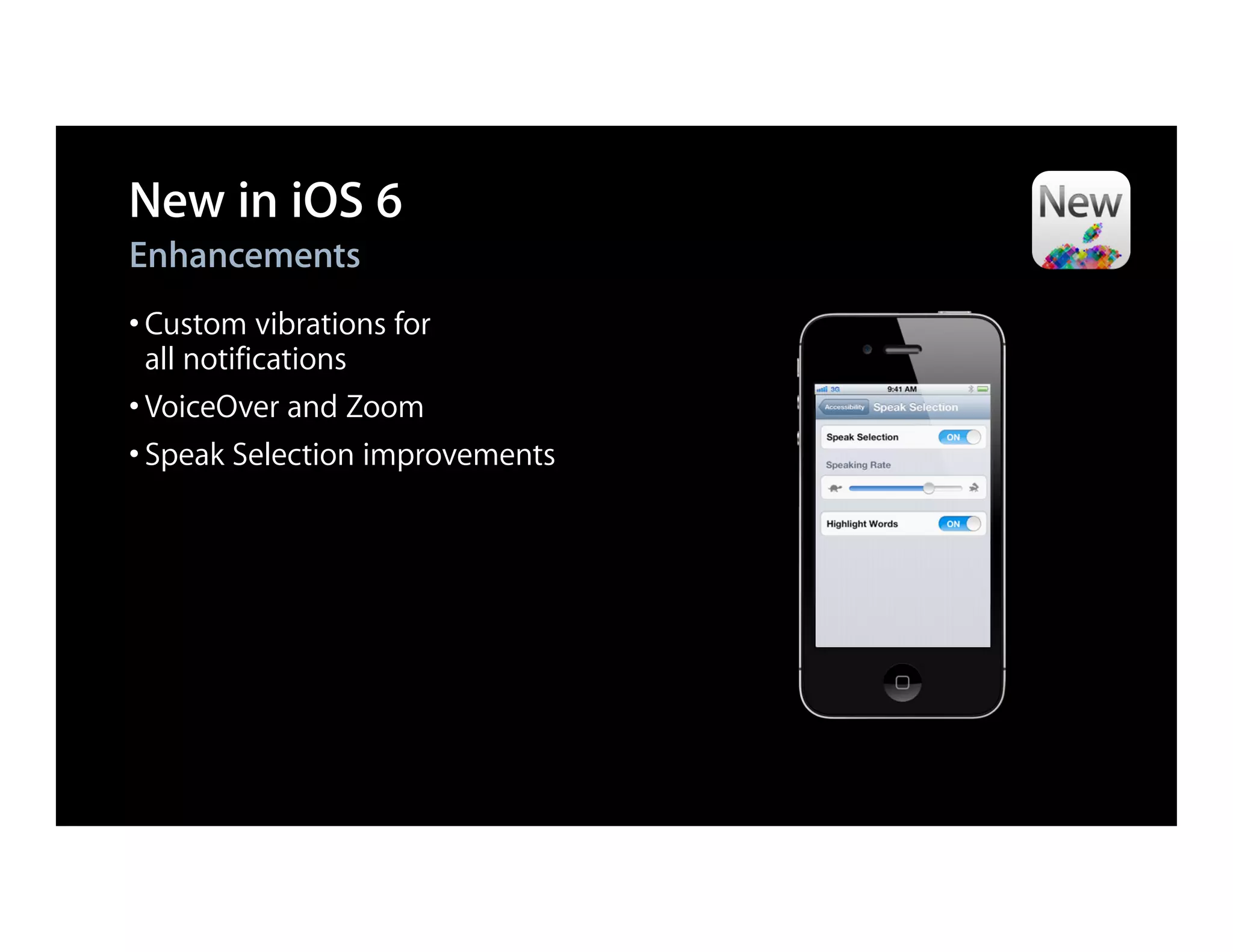 New in iOS 6
Enhancements
• Custom vibrations for
  all notifications
• VoiceOver and Zoom
• Speak Selection improvements
 