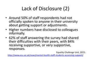 Lack of Disclosure (2)
• Around 50% of staff respondents had not
officially spoken to anyone in their university
about getting support or adjustments.
• Higher numbers have disclosed to colleagues
informally.
• 62% of staff answering the survey had shared
their difficulties with their peers, with 84%
receiving supportive, or very supportive,
responses.
Equality Challenge Unit, 2015:
http://www.ecu.ac.uk/news/mental-health-staff-students-accessing-support/
 