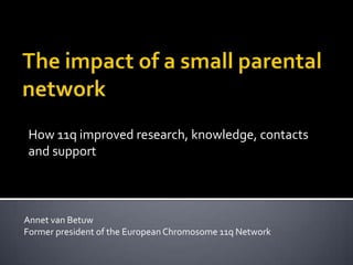 The impact of a small parental network How 11q improved research, knowledge, contacts and support Annet van BetuwFormer president of the EuropeanChromosome 11q Network 