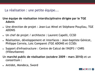 La réalisation : une petite équipe...
Une équipe de réalisation interdisciplinaire dirigée par le TGE
Adonis
 Une direction de projet : Jean-Luc Minel et Stéphane Pouyllau, TGE
ADONIS
 Un chef de projet / architecte : Laurent Capelli, CCSD
 Réalisation, développement et interfaces : Jean-baptiste Génicot,
Philippe Correia, Loic Comparet (TGE ADONIS et CCSD)
 Support d'infrastructure : Centre de Calcul de l'IN2P3 / CNRS
(Villeurbanne)
Un marché public de réalisation (octobre 2009 – mars 2010) et un
consortium :
 Antidot, Mondeca, Sword
 