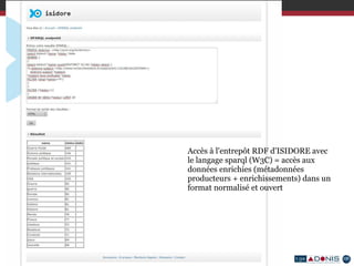 Accès à l'entrepôt RDF d'ISIDORE avec
le langage sparql (W3C) = accès aux
données enrichies (métadonnées
producteurs + enrichissements) dans un
format normalisé et ouvert
 