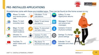 MODULE 7
UNIT 7.5 : DIGITAL & FINANCIAL LITERACY
PRE-INSTALLED APPLICATIONS
Phone: To make
and receive phone
calls
News: To read
everyday news
Maps: To read
digital-maps to
reach locations
Chrome: To
search the internet
YouTube: To
watch videos and
learn
Notes: To document
and take notes
Calendar: To set
reminders and check
dates
Gallery: To view
digital photo albums
Calculator: To do
calculations
Clock: To set timers
and alarms
Settings: To change
phone settings
Smartphones come with these pre-installed apps. They can be found on the home screen or my
apps.
Messages: To send
and receive text
messages
Contacts: A record
of phone numbers
Play Store: To
download new apps
Camera: To click
photographs of site
17
 