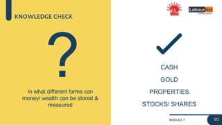 MODULE 7
KNOWLEDGE CHECK
In what different forms can
money/ wealth can be stored &
measured
? CASH
GOLD
PROPERTIES
STOCKS/...