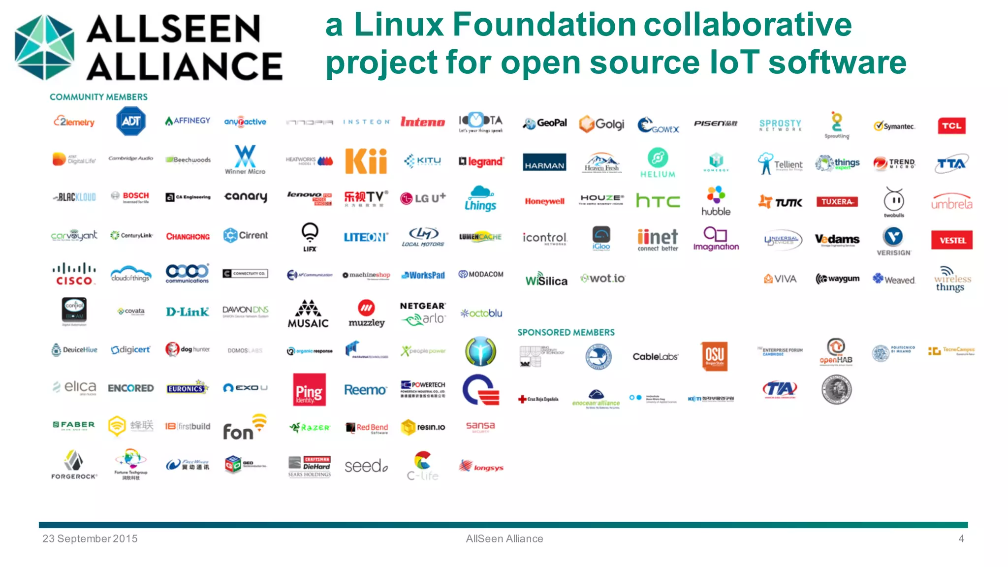 23  September  2015 AllSeen Alliance 4
a Linux  Foundation  collaborative  
project  for  open  source  IoT software  
 