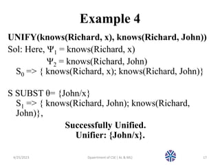 Example 4
UNIFY(knows(Richard, x), knows(Richard, John))
Sol: Here, Ψ1 = knows(Richard, x)
Ψ2 = knows(Richard, John)
S0 => { knows(Richard, x); knows(Richard, John)}
S SUBST θ= {John/x}
S1 => { knows(Richard, John); knows(Richard,
John)},
Successfully Unified.
Unifier: {John/x}.
4/25/2023 17
Dpaertment of CSE ( AL & ML)
 